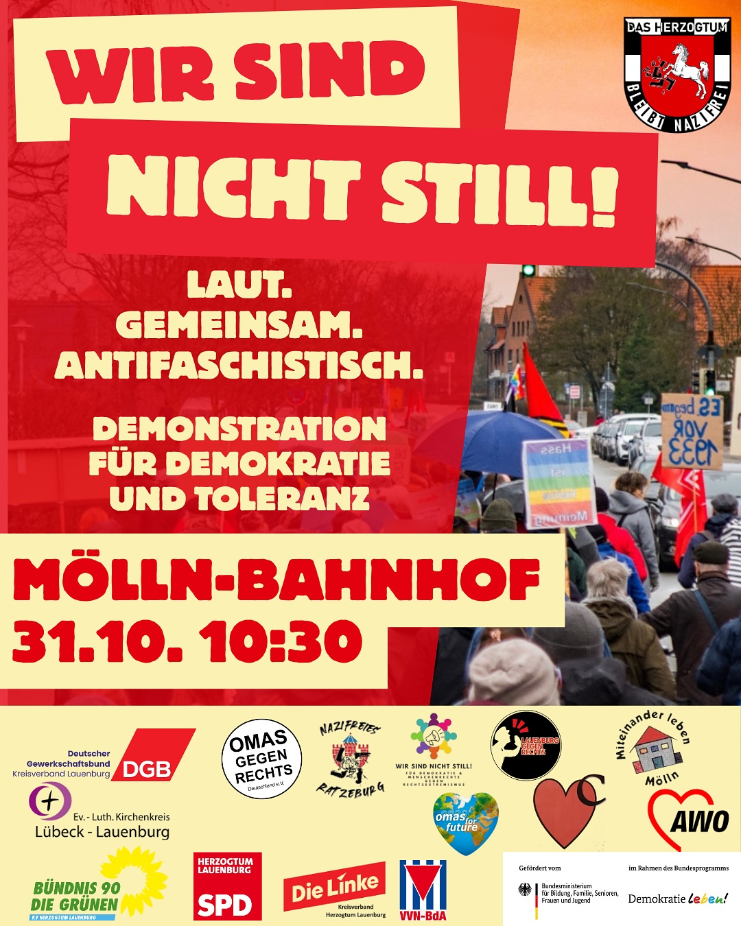 Aufruf zur Demonstration mit Foto eines Demonstrationszugs